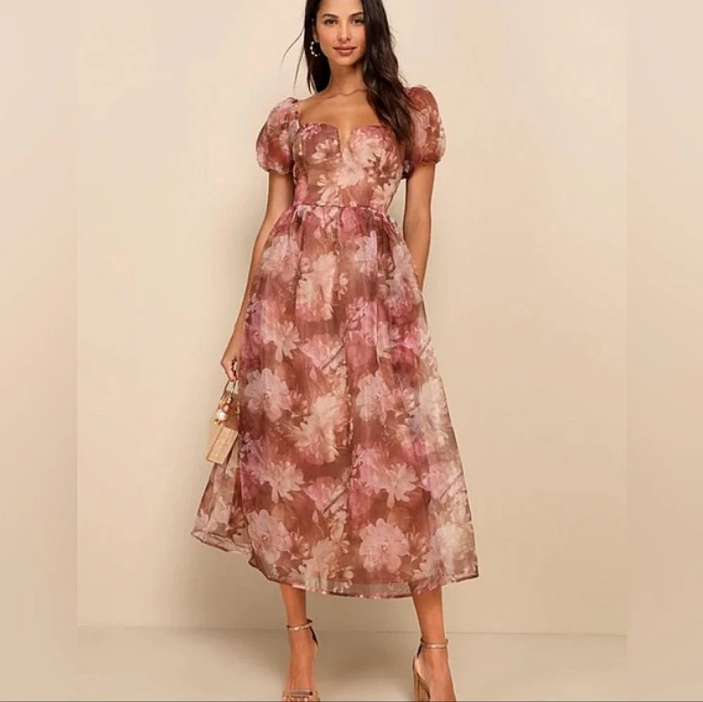 Lulus Lovely Statement Floral Organza Tie Back Puff Sleeve Midi Dress Size Small